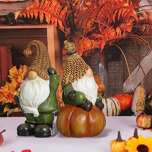 Argodaze 2PCS Thanksgiving Decor Figurines Resin Pumpkin Gnomes Fall Statues Halloween Christmas Handmade Harvest Indoor Home Farmhouse Decorations