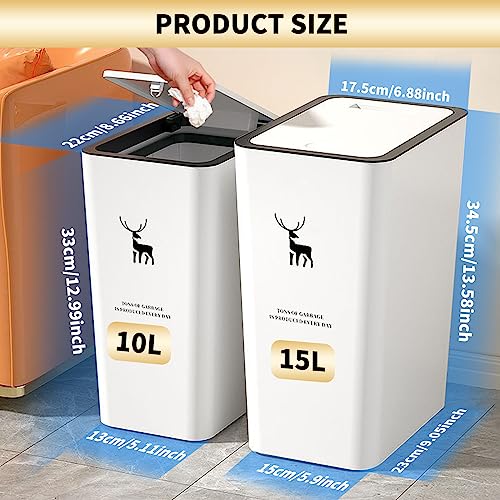 LRCXL Trash Can with Lid 3 Pack Set, 2 Packs 4 Gal 15L and 1 Pack 2.6 Gal 10L Slim Kitchen Trash Can, Small Trash Can Bathroom Garbage Can, Waste Basket for Kitchen, Bedroom, Office (White)