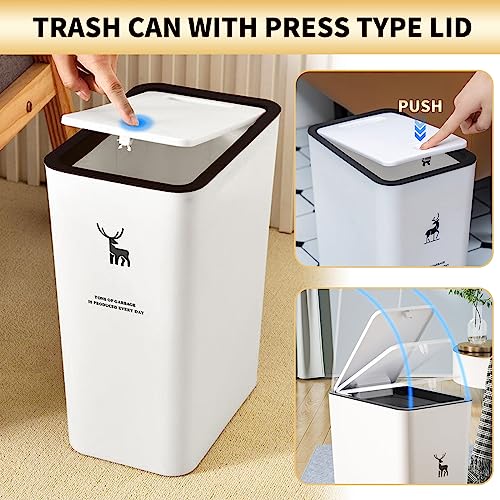 LRCXL Trash Can with Lid 3 Pack Set, 2 Packs 4 Gal 15L and 1 Pack 2.6 Gal 10L Slim Kitchen Trash Can, Small Trash Can Bathroom Garbage Can, Waste Basket for Kitchen, Bedroom, Office (White)