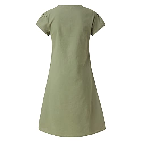 Ceboyel Summer Dresses for Girls Women Cotton Linen Short Dress Summer Shirt Dress V Neck Short Sleeve Beach Dresses Boho Ladies Clothing 2023 Green 2X