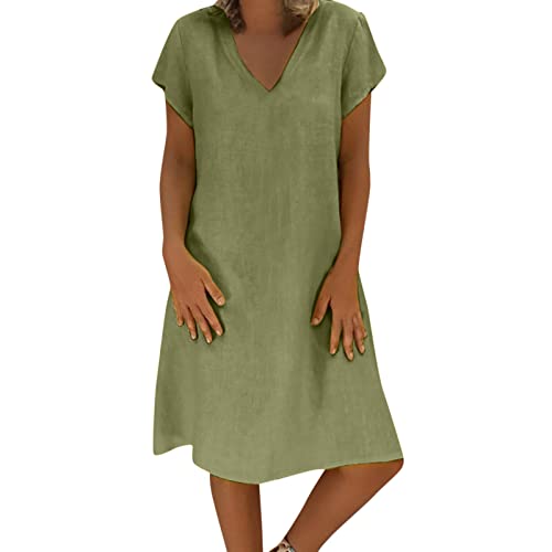 Ceboyel Summer Dresses for Girls Women Cotton Linen Short Dress Summer Shirt Dress V Neck Short Sleeve Beach Dresses Boho Ladies Clothing 2023 Green 2X