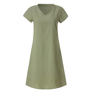 Ceboyel Summer Dresses for Girls Women Cotton Linen Short Dress Summer Shirt Dress V Neck Short Sleeve Beach Dresses Boho Ladies Clothing 2023 Green 2X