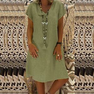 Ceboyel Summer Dresses for Girls Women Cotton Linen Short Dress Summer Shirt Dress V Neck Short Sleeve Beach Dresses Boho Ladies Clothing 2023 Green 2X