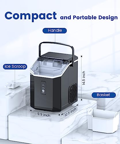 COWSAR Portable Ice Machine, Nugget Ice Maker Machine with Self-Cleaning, 34Lbs/Day, Ice Makers Countertop with Handle, Ice Scoop and Basket for Home Office Party, Black