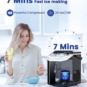 COWSAR Portable Ice Machine, Nugget Ice Maker Machine with Self-Cleaning, 34Lbs/Day, Ice Makers Countertop with Handle, Ice Scoop and Basket for Home Office Party, Black