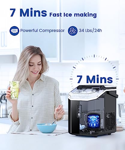 COWSAR Portable Ice Machine, Nugget Ice Maker Machine with Self-Cleaning, 34Lbs/Day, Ice Makers Countertop with Handle, Ice Scoop and Basket for Home Office Party, Black