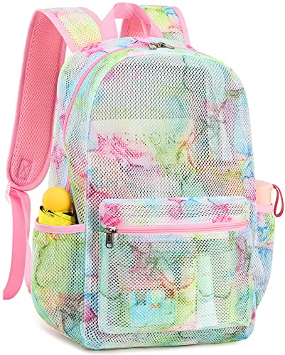 CAMTOP Mesh Backpack for Kids Girls Semi-TransparentSee Through Sturdy School Bookbag Casual Daypack for Beach Swim Work Gym(Marble68)