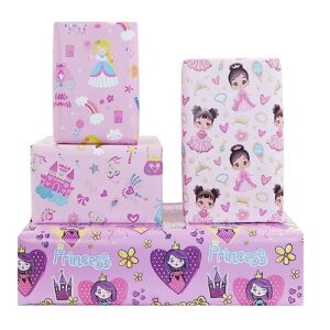 princess dressed in pretty outfits on pink gift wrapping paper flat sheets (4-sheets, 4-designs: 15 sq. ft. ttl)-for girls baby shower, birthday, christmas holiday gift wrap, princess party supplies and more