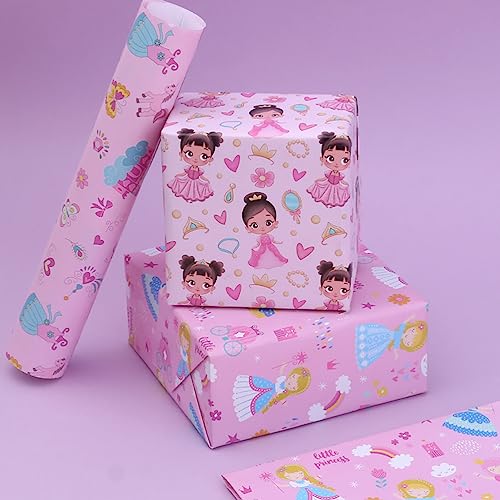 Princess Dressed in Pretty outfits On Pink Gift Wrapping Paper Flat Sheets (4-Sheets, 4-Designs: 15 sq. ft. ttl)-For Girls Baby Shower, Birthday, Christmas Holiday Gift Wrap, Princess Party Supplies and More