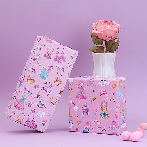 Princess Dressed in Pretty outfits On Pink Gift Wrapping Paper Flat Sheets (4-Sheets, 4-Designs: 15 sq. ft. ttl)-For Girls Baby Shower, Birthday, Christmas Holiday Gift Wrap, Princess Party Supplies and More