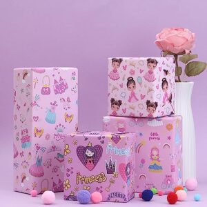 Princess Dressed in Pretty outfits On Pink Gift Wrapping Paper Flat Sheets (4-Sheets, 4-Designs: 15 sq. ft. ttl)-For Girls Baby Shower, Birthday, Christmas Holiday Gift Wrap, Princess Party Supplies and More