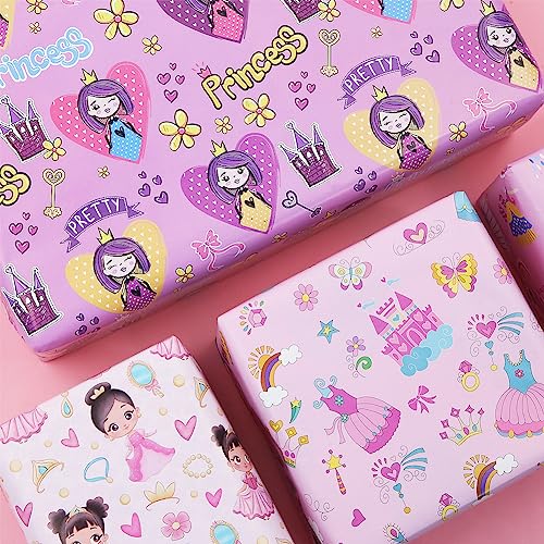 Princess Dressed in Pretty outfits On Pink Gift Wrapping Paper Flat Sheets (4-Sheets, 4-Designs: 15 sq. ft. ttl)-For Girls Baby Shower, Birthday, Christmas Holiday Gift Wrap, Princess Party Supplies and More