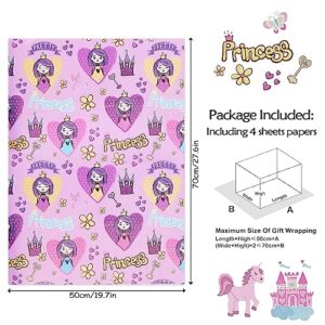 Princess Dressed in Pretty outfits On Pink Gift Wrapping Paper Flat Sheets (4-Sheets, 4-Designs: 15 sq. ft. ttl)-For Girls Baby Shower, Birthday, Christmas Holiday Gift Wrap, Princess Party Supplies and More