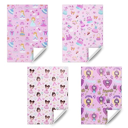 Princess Dressed in Pretty outfits On Pink Gift Wrapping Paper Flat Sheets (4-Sheets, 4-Designs: 15 sq. ft. ttl)-For Girls Baby Shower, Birthday, Christmas Holiday Gift Wrap, Princess Party Supplies and More
