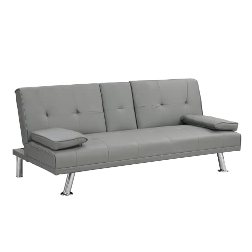 Ochangqi Convertible Folding Futon Sofa Bed with Metal Legs & 2 Cupholders, Modern Faux Leather Upholstered Couch Loveseat Sleeper, Folding Couches Bed, Removable Armrests for for Small Spaces (Gray)