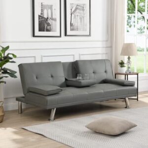 ochangqi convertible folding futon sofa bed with metal legs & 2 cupholders, modern faux leather upholstered couch loveseat sleeper, folding couches bed, removable armrests for for small spaces (gray)
