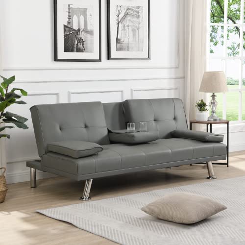 Ochangqi Convertible Folding Futon Sofa Bed with Metal Legs & 2 Cupholders, Modern Faux Leather Upholstered Couch Loveseat Sleeper, Folding Couches Bed, Removable Armrests for for Small Spaces (Gray)