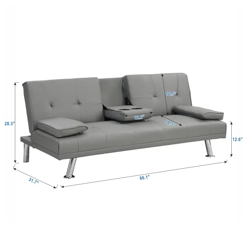 Ochangqi Convertible Folding Futon Sofa Bed with Metal Legs & 2 Cupholders, Modern Faux Leather Upholstered Couch Loveseat Sleeper, Folding Couches Bed, Removable Armrests for for Small Spaces (Gray)