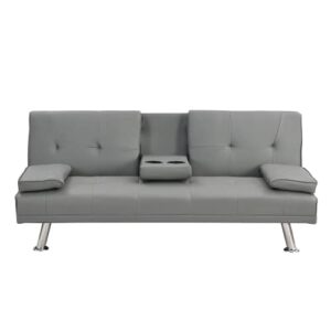 Ochangqi Convertible Folding Futon Sofa Bed with Metal Legs & 2 Cupholders, Modern Faux Leather Upholstered Couch Loveseat Sleeper, Folding Couches Bed, Removable Armrests for for Small Spaces (Gray)