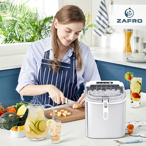 ZAFRO Ice Maker Countertop, Portable Ice Machine with Carry Handle, Self-Cleaning Ice Makers with Basket and Scoop, 9 Cubes in 6 Mins, 26 lbs per Day, Suitable for Kitchen, Camping, Party （White）