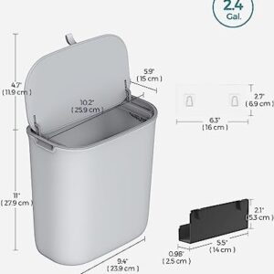 SONGMICS Hanging Trash Can, 2.4-Gallon Kitchen Trash Can with Lid for Food Waste, Wall Mounted Trash Can, Hanging or Sticking on Cupboard Door, for Kitchen Cabinet, Under Sink, Gray ULTB820G9
