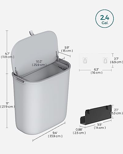 SONGMICS Hanging Trash Can, 2.4-Gallon Kitchen Trash Can with Lid for Food Waste, Wall Mounted Trash Can, Hanging or Sticking on Cupboard Door, for Kitchen Cabinet, Under Sink, Gray ULTB820G9