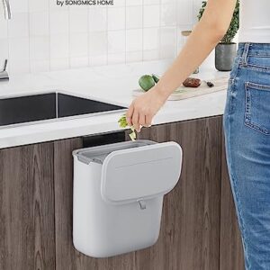 SONGMICS Hanging Trash Can, 2.4-Gallon Kitchen Trash Can with Lid for Food Waste, Wall Mounted Trash Can, Hanging or Sticking on Cupboard Door, for Kitchen Cabinet, Under Sink, Gray ULTB820G9