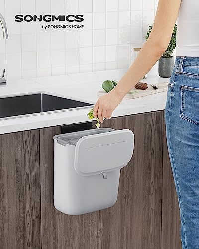 SONGMICS Hanging Trash Can, 2.4-Gallon Kitchen Trash Can with Lid for Food Waste, Wall Mounted Trash Can, Hanging or Sticking on Cupboard Door, for Kitchen Cabinet, Under Sink, Gray ULTB820G9