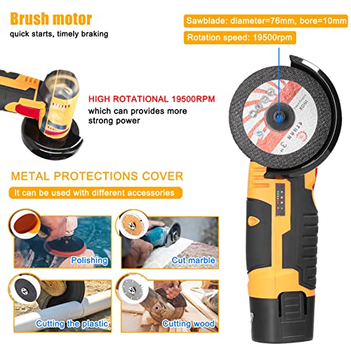 Weytoll Mini Angle Grinder, 19500rpm Electric Grinding Tool Mini Grinder Hand Knife with 2pcs 12V 3900mAh Battery and 2pcs Cutting Disc for Cutting Polished Brick Wood Stone Steel