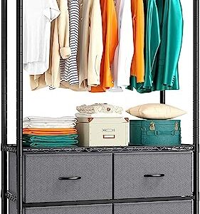 Raybee Clothes Rack, Clothing Racks for Hanging Clothes Rack Heavy Duty Clothing Rack Adjustable Clothes Racks for Hanging Clothes Metal Wire Garment Rack with 4 Fabric Drawers Portable Closet,Black