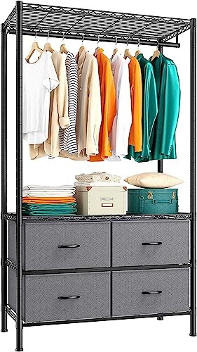 Raybee Clothes Rack, Clothing Racks for Hanging Clothes Rack Heavy Duty Clothing Rack Adjustable Clothes Racks for Hanging Clothes Metal Wire Garment Rack with 4 Fabric Drawers Portable Closet,Black