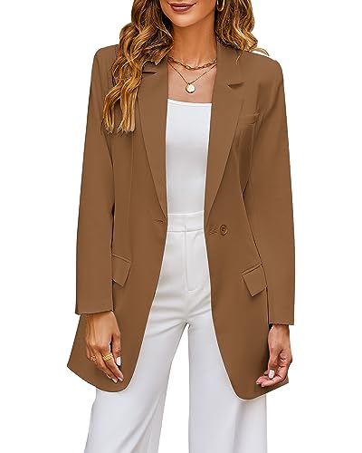 luvamia 2023 Blazers for Women Business Casual Outfits Fashion Dressy Long Suit Jacket Office Belted Blazer Dress Work Womens Blazers for Work Professional Womans Dresses Amber Brown Size 12 Size 14