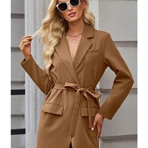 luvamia 2023 Blazers for Women Business Casual Outfits Fashion Dressy Long Suit Jacket Office Belted Blazer Dress Work Womens Blazers for Work Professional Womans Dresses Amber Brown Size 12 Size 14