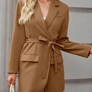 luvamia 2023 Blazers for Women Business Casual Outfits Fashion Dressy Long Suit Jacket Office Belted Blazer Dress Work Womens Blazers for Work Professional Womans Dresses Amber Brown Size 12 Size 14