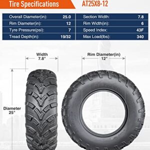 HALBERD 6PR ATV/UTV Tires, 25x8-12 All Terrain 15mm Tread Depth 25x8x12 Trail Sand Off-Road Tires, Set of 2 ATV Tires