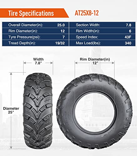 HALBERD 6PR ATV/UTV Tires, 25x8-12 All Terrain 15mm Tread Depth 25x8x12 Trail Sand Off-Road Tires, Set of 2 ATV Tires