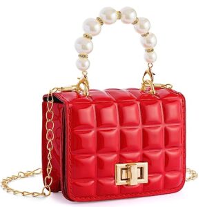 kids purse little girls purse candy color pu leather bag fashion crossbody purse cute handbag shoulder bag with pearl handle gold chain presents for children(red)