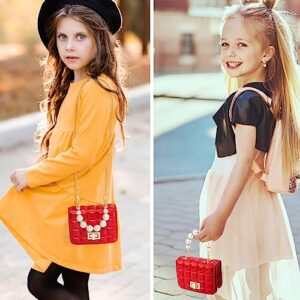 Kids Purse Little Girls Purse Candy Color PU Leather Bag Fashion Crossbody Purse Cute Handbag Shoulder bag with Pearl Handle Gold Chain Presents for Children(Red)