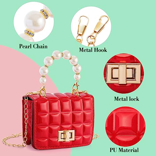 Kids Purse Little Girls Purse Candy Color PU Leather Bag Fashion Crossbody Purse Cute Handbag Shoulder bag with Pearl Handle Gold Chain Presents for Children(Red)