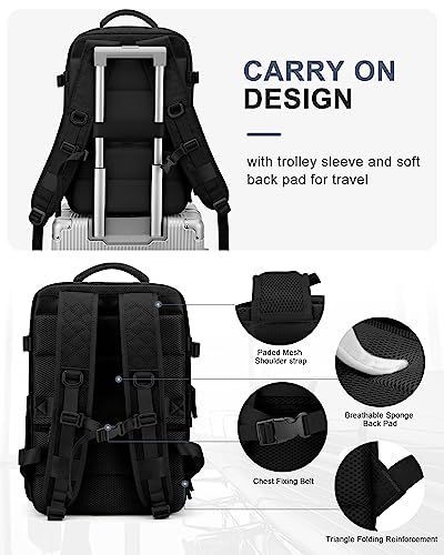 Travel Carry On Backpack for Women, Waterproof Laptop Backpack for Traveling on Airplane Hiking Gym Backpack with USB Charging Port Shoe Compartment, Black