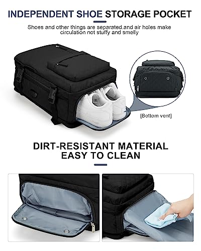 Travel Carry On Backpack for Women, Waterproof Laptop Backpack for Traveling on Airplane Hiking Gym Backpack with USB Charging Port Shoe Compartment, Black