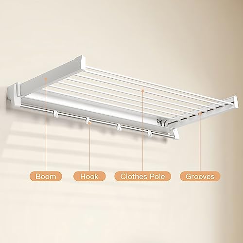 Nisorpa Invisible Wall Mounted Drying Rack Collapsible Wall Mounted Clothes Hanger Clothes Laundry Drying Rack Wall Mount Drying Racks for Laundry 7 Drying Rods (White)