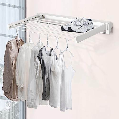 Nisorpa Invisible Wall Mounted Drying Rack Collapsible Wall Mounted Clothes Hanger Clothes Laundry Drying Rack Wall Mount Drying Racks for Laundry 7 Drying Rods (White)