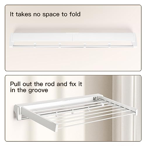 Nisorpa Invisible Wall Mounted Drying Rack Collapsible Wall Mounted Clothes Hanger Clothes Laundry Drying Rack Wall Mount Drying Racks for Laundry 7 Drying Rods (White)