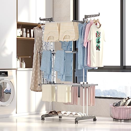 TOOLF Clothes Drying Rack, 4-Tier Foldable Drying Rack Clothing, Indoor/Outdoor Laundry Drying Rack with Foldable Wings, Space Saving Laundry Rack, Grey