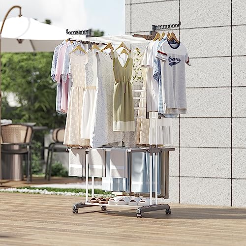 TOOLF Clothes Drying Rack, 4-Tier Foldable Drying Rack Clothing, Indoor/Outdoor Laundry Drying Rack with Foldable Wings, Space Saving Laundry Rack, Grey