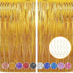 8pcs gold backdrop curtains, gold tinsel foil fringe backdrop with hanging swirls, 3.3ft x 6.6ft foil fringe curtains backdrop tinsel curtain streamer for girl women party birthday decorations
