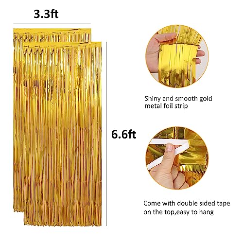 8Pcs Gold Backdrop Curtains, Gold Tinsel Foil Fringe Backdrop with Hanging Swirls, 3.3ft x 6.6ft Foil Fringe Curtains Backdrop Tinsel Curtain Streamer for Girl Women Party Birthday Decorations