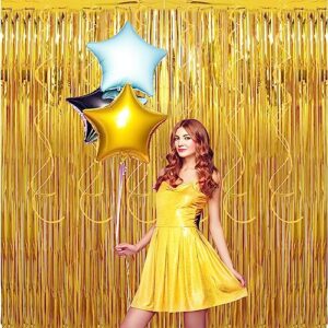 8Pcs Gold Backdrop Curtains, Gold Tinsel Foil Fringe Backdrop with Hanging Swirls, 3.3ft x 6.6ft Foil Fringe Curtains Backdrop Tinsel Curtain Streamer for Girl Women Party Birthday Decorations