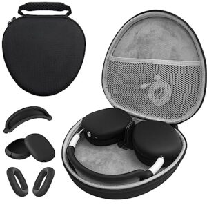 Hard Case for AirPods Max Headphone Supports Sleep Mode, Travel Carrying Case with AirPods Max Silicone Earpad Cover/Ear Cups Cover/Headband Cover, AirPods Max Protective Portable Storage Bag (Black)